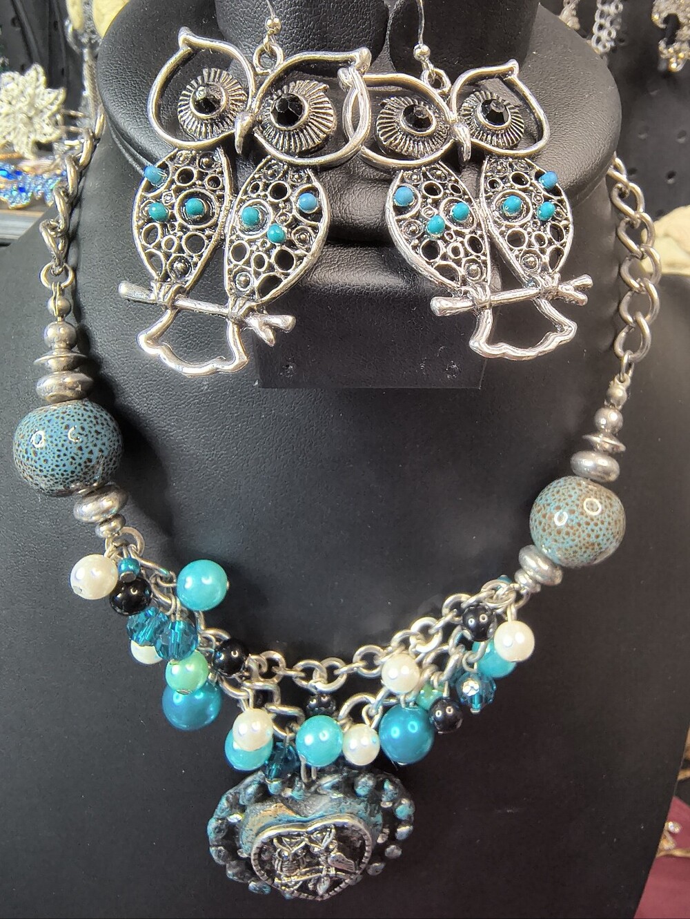 Vintage Artisan Owl Statement Necklace Earrings Set Turquoise Crystal Silver
